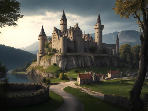 Landschap met middeleeuws kasteel en taverne ai gegenereerd