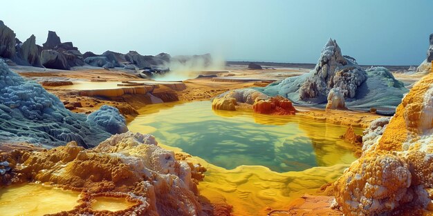 landschap met minerale afzettingen rond een hot hydrothermal water uitlaat in een vulkanisch gebied