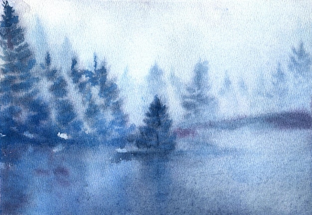 Landschap met mistige winterbos rivier en bergen aquarel illustratie oosterse schilderkunst