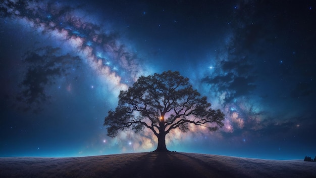 landschap met mystieke boommelkweg en sterren aan de hemel