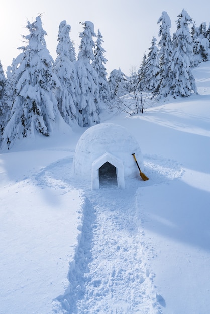 Landschap met sneeuwiglo. Extreem huis. Winter in de bergen