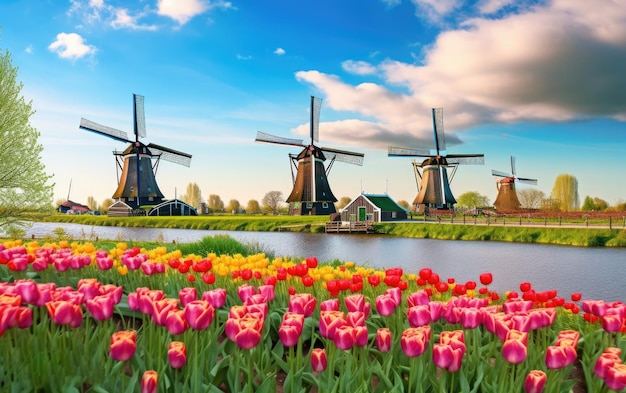 Landschap met tulpen traditionele Nederlandse windmolens in Nederland Europa Generatieve AI