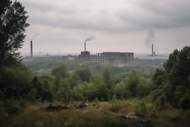 Landschap met uitzicht op fabrieksschoorstenen en smoglucht gecreëerd met generatieve AI