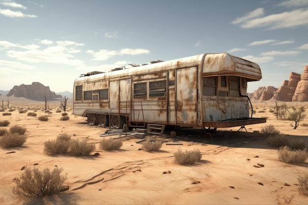 Landschap met verlaten trailer in het midden van de woestijn Generatieve AI