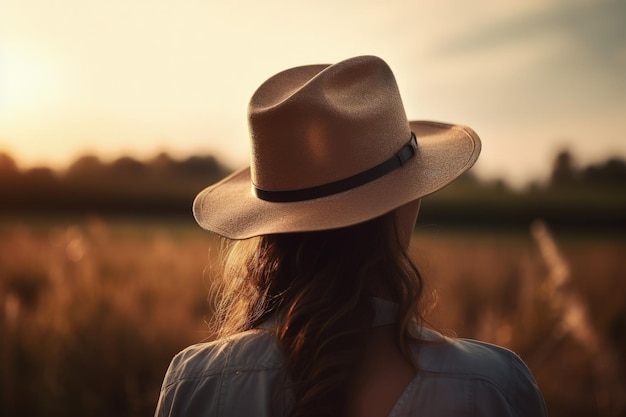 Landschap met vrouw in hoed van achter veld op de achtergrond bokeh achtergrond Generatieve AI