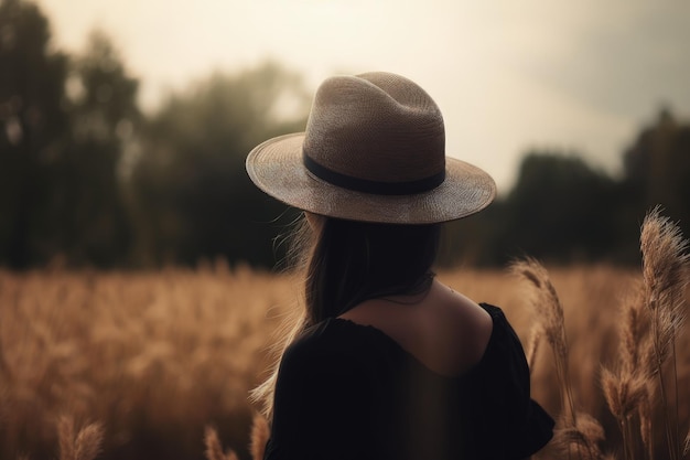 Landschap met vrouw in hoed van achter veld op de achtergrond bokeh achtergrond Generatieve AI
