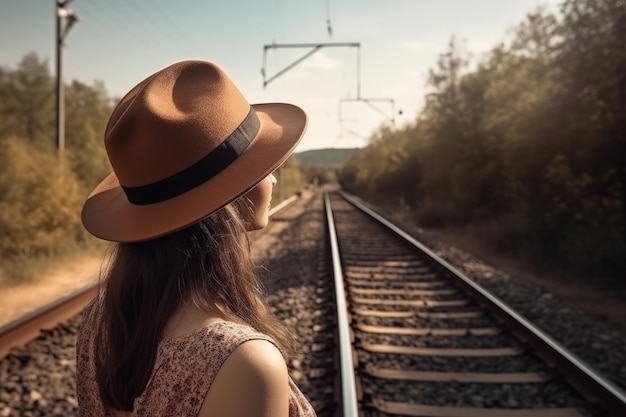 Landschap met vrouw op de rug met hoed en treinrails Generatieve AI
