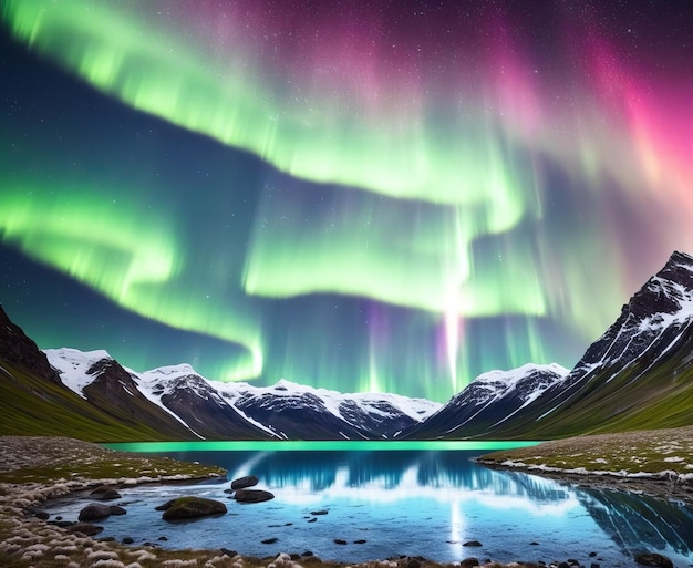Foto landschap met water noorderlicht en besneeuwde bergen op de lofoten-eilanden noorwegen aurora bor...