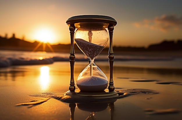 Landschap met zandklok op het zand van het strand en zonsondergang op de achtergrond Generatieve AI