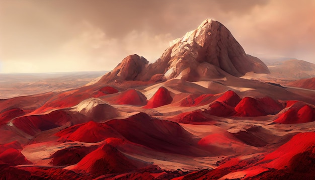 Landschap op de planeet Mars oppervlak is een pittoreske woestijn op rode planeet Achtergrond van ruimte game cover poster met rode aarde bergen sterren 3D-illustraties