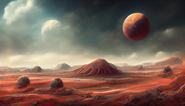 Landschap op de planeet Mars oppervlak is een pittoreske woestijn op rode planeet Achtergrond van ruimte game cover poster met rode aarde bergen sterren 3D-illustraties