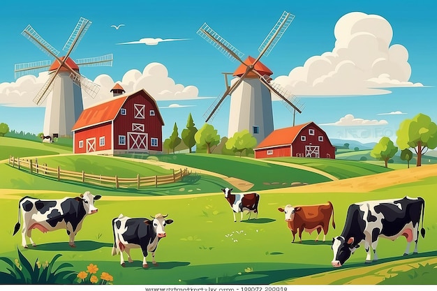 Landschap op het platteland met groene velden en schuurdieren koeien windmolens op de heuvel met blauwe hemel en wolken vector cartoon