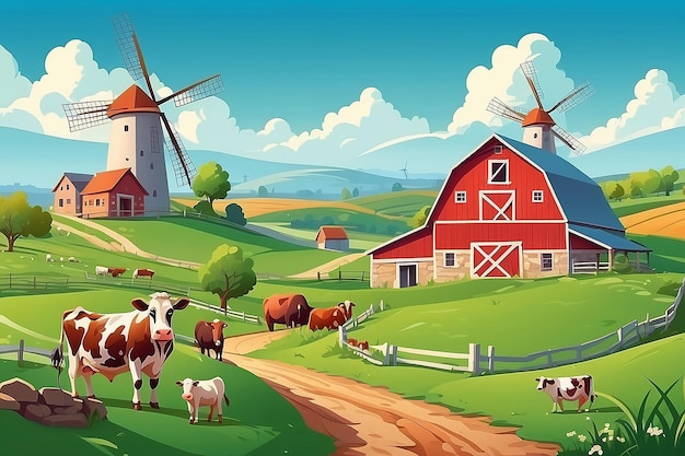 Foto landschap op het platteland met groene velden en schuurdieren koeien windmolens op de heuvel met blauwe lucht en wolken vector cartoon