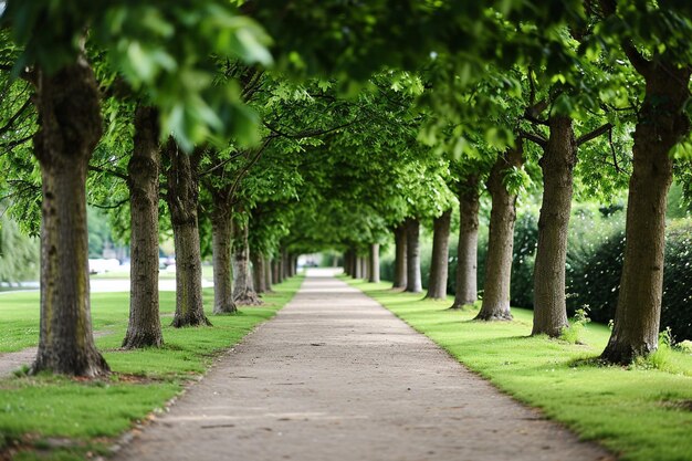 Landschap opname van een breed pad met lijn groene bomen