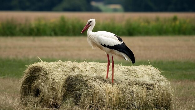 Landschap opname van een ooievaar op een rol hooi in een veld in Frankrijk