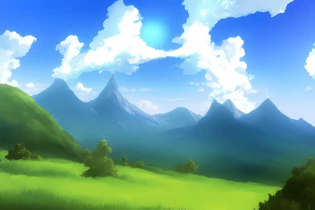 Landschap scène illustratie digitaal schilderen met groen bergen heuvels weiden blauwe luchten
