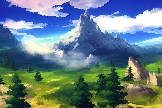 Landschap scène illustratie digitaal schilderen met groen bergen heuvels weiden blauwe luchten