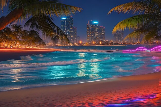 Landschap schilderij van het strand bij neon nacht prachtige foto van de natuur kunst