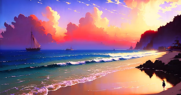 Landschap Strand Oceaan Zonsondergang Kinderboekillustratie Generatieve AI Fantasy Digital Art