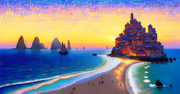 Landschap Strand Oceaan Zonsondergang Kinderboekillustratie Generatieve AI Fantasy Digital Art