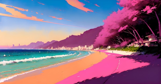 Landschap Strand Oceaan Zonsondergang Kinderboekillustratie Generatieve AI Fantasy Digital Art