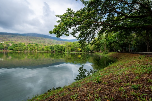 Landschap uitzicht op het meer bij Ang Kaew Chiang Mai University in de natuur bos Uitzicht op de bergen lente blauwe hemelachtergrond met witte wolk.