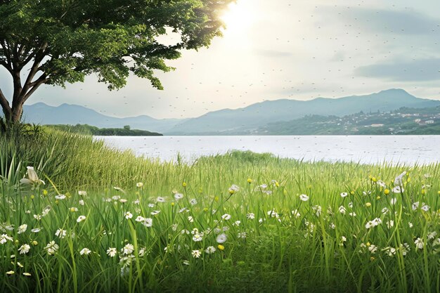 Landschap uitzicht op het meer en de berg met groen gras en bloemen