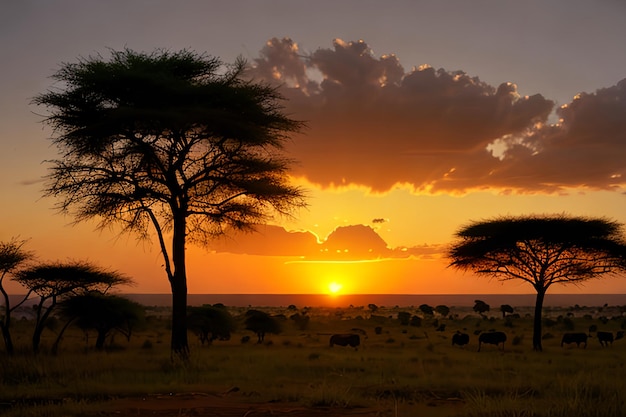 Landschap van Afrika met warme zonsondergang