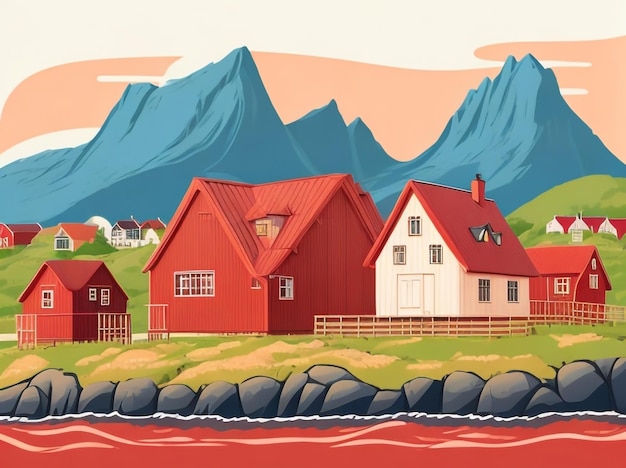 Landschap van de Lofoten met iconische rode huizen