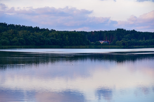 Landschap van de oever van een bosmeer bij zonsondergang