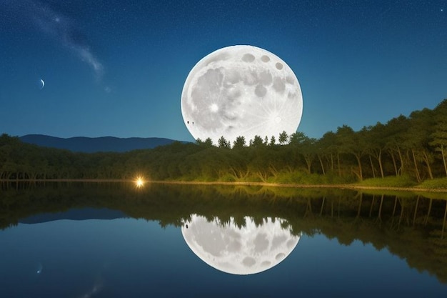 landschap van de rivier in de volle maan nacht
