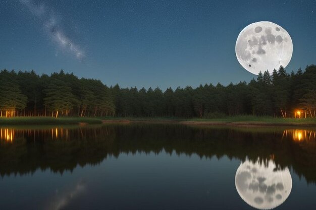 Foto landschap van de rivier in de volle maan nacht