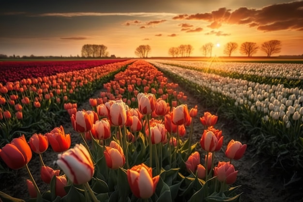 Landschap van de tulpen van Nederland met het tijdseizoen van de zonlichtdag