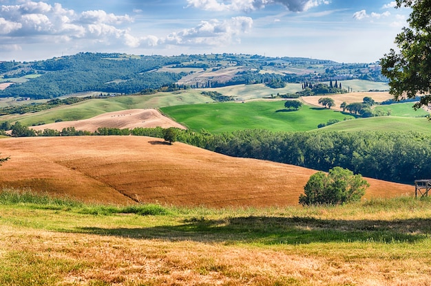 Landschap van droge velden op het platteland in Toscane, Italië. Concept voor landbouw en landerijen