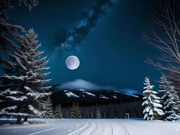 Foto landschap van een besneeuwd gebied met dennenbomen en bergen met volle maan in de lucht illustratie