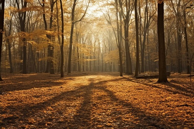 Landschap van een bos bedekt met droge bladeren en bomen onder het zonlicht in de herfst