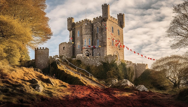 Foto landschap van een iers kasteel met feestelijke decoraties