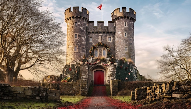Foto landschap van een iers kasteel met feestelijke decoraties
