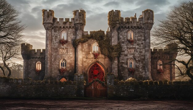 Foto landschap van een iers kasteel met feestelijke decoraties