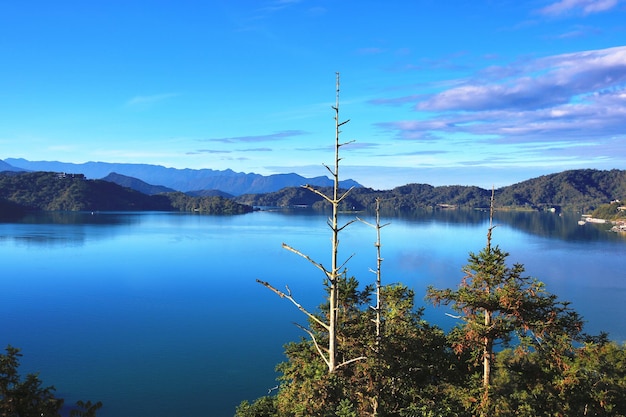 Landschap van een meer met bergen en bomen en blauwe lucht op een zonnige dag