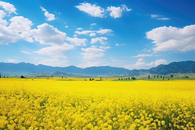 Foto landschap van een prachtig landschap van bloemen die bloeien op de weide in het voorjaarsseizoen met zonlicht