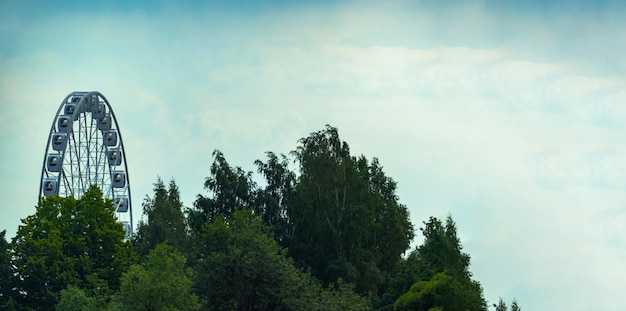 Landschap van een pretpark met de top van een reuzenrad boven de boomtoppen tegen een blauwe lucht