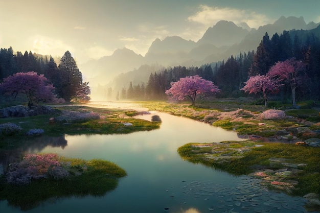 Landschap van een rivier met groene bomen en struiken vroeg in de ochtend onder een roze hemel 3d illustratie