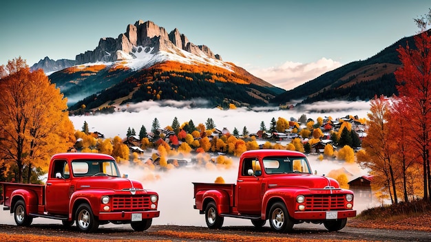 Foto landschap van een rode pick-up op de achtergrond van een pittoresk dorpje in de bergen