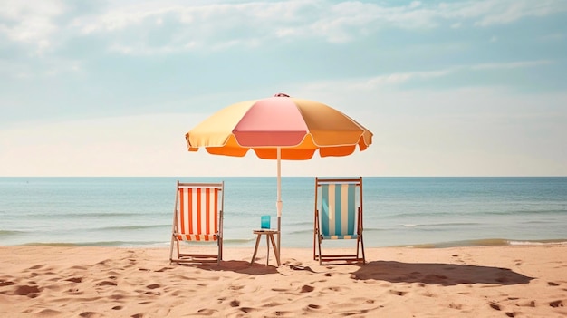 Landschap van een zomerstrand met gekleurde paraplu's en ligstoelen tegen de achtergrond van de zee