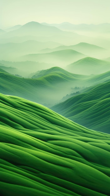 Landschap van groene heuvels in de mist 3D-illustratie gemaakt met generatieve AI-technologie
