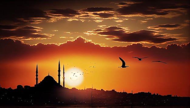 Landschap van het silhouet van Istanboel met zonsondergangwolken s