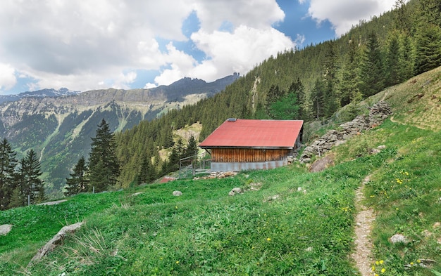 Landschap van huizen met rode daken in de Zwitserse Alpen