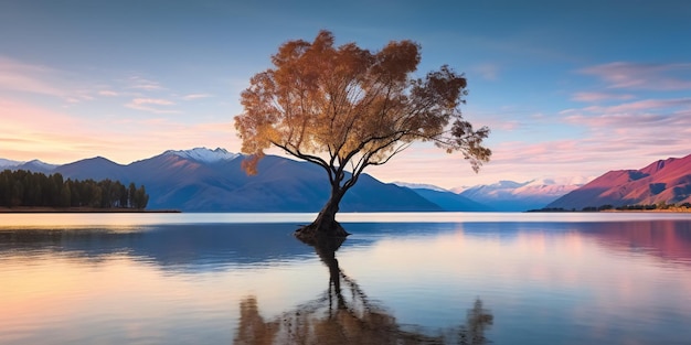 landschap van kleurrijke Wanaka Tree reflectie op het meer met zonsopgang in de frisse ochtend