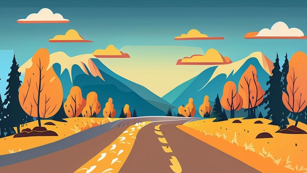 Foto landschap van lege bergweg in de herfst met dennen struiken oranje gras vlakke kleurrijke vectorillustratie